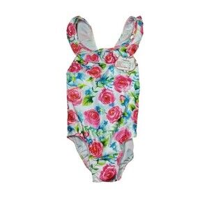 Girls One Piece Swimsuit Toddler 3Y 3T Pink Floral Ruffle Strap Stretch NEW